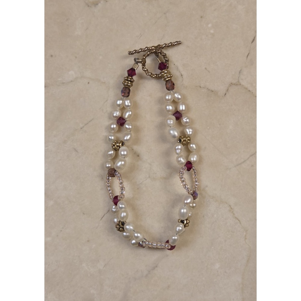 Vintage Sterling Silver‎ & Pearl Double Strand Lace Bracelet 7" Gold Tone Toggle